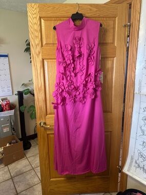 Fuchsia Sleeveless Maxi Dress with 3D Floral Details